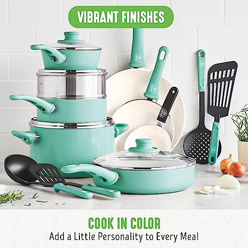 GreenLife Soft Grip 16 Piece Cookware Set, Non-Toxic PFAS-Free Ceramic Nonstick, Pots, Frying, Sauce, Saute, Glass Lids, Stay-Cool Handles, Wobble Free Bases, Dishwasher & Oven Safe, Turquoise GreenLife