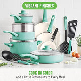 GreenLife Soft Grip 16 Piece Cookware Set, Non-Toxic PFAS-Free Ceramic Nonstick, Pots, Frying, Sauce, Saute, Glass Lids, Stay-Cool Handles, Wobble Free Bases, Dishwasher & Oven Safe, Turquoise GreenLife