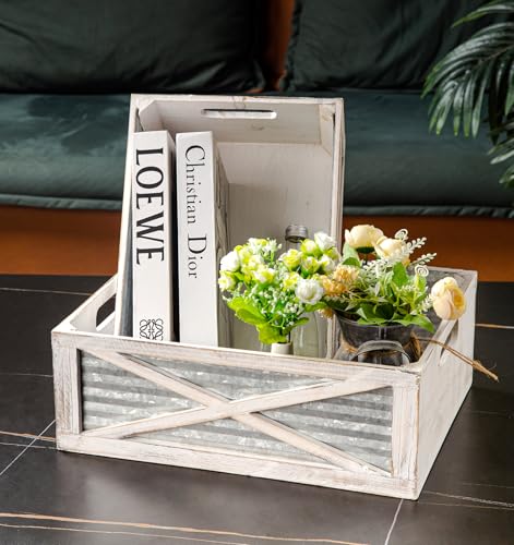 Set of 3 Nesting Wooden Crates, Rustic Wooden Storage Container Boxes with Cutout Handles, Decorative Farmhouse Wood Baskets for Display, Barn Door (Whitewash) Venalys