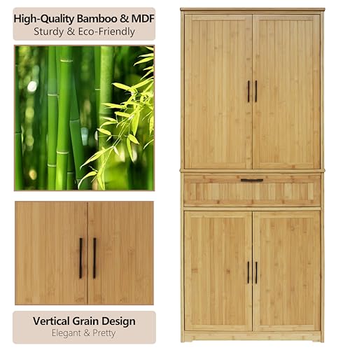 VEIKOU Kitchen Pantry Cabinet Bamboo, 72" Freestanding Kitchen Storage Cabinets with Large Drawer, Tall Enclosed Cupboard with Adjustable Shelves, Natural Color - WoodArtSupply