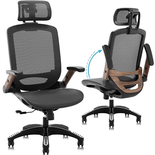 GABRYLLY Ergonomic Office Chair, High Back Home Desk Chair with Headrest, Flip-Up Arms, 90-120° Tilt Lock and Wide Cushion, Big and Tall Mesh Chairs for Man Woman, Black Task Chair(Dark Woodgrain) GABRYLLY
