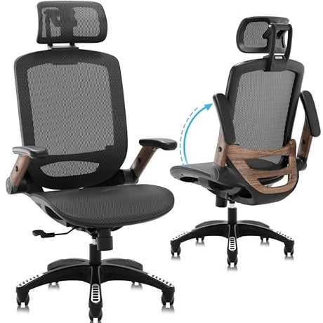 GABRYLLY Ergonomic Office Chair, High Back Home Desk Chair with Headrest, Flip-Up Arms, 90-120° Tilt Lock and Wide Cushion, Big and Tall Mesh Chairs for Man Woman, Black Task Chair(Dark Woodgrain) GABRYLLY