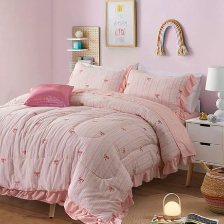 A Nice Night Rainbow Stripes & Bows Bedding Set,Ruffle 6 Piece Bed in a Bag Matching Sheet Set,Princess Style Chic Bow Printed,Light Pink Room Decor for Girls,Twin A Nice Night