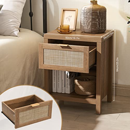 SICOTAS Rattan Nightstand Set of 2 - Farmhouse Night Stand with Drawer and Storage Shelf - Boho Bedside Table End Table Side Table Accent Table for Bedroom Living Room SICOTAS