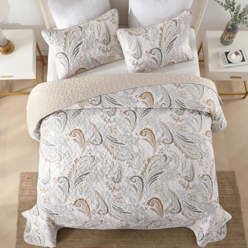 WONGS BEDDING Boho Quilt Set Queen,Beige Paisley Floral Pattern Bedspread Coverlet Set with 2 Pillowcases,Lightweight Microfiber Bohemian Quilt Bedding Set 96"×90" WONGS BEDDING