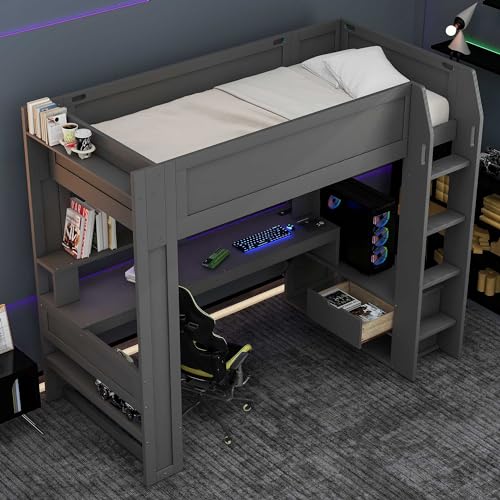 SOFTSEA Dark Grey Twin Gaming Loft Bed with Integrated Desk and Storage - WoodArtSupply