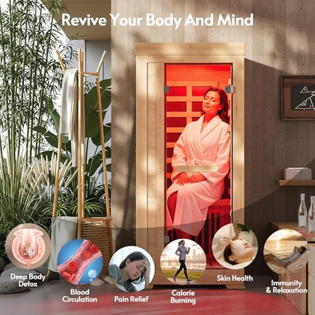 ENSTVER Infrared Wood Sauna 5.4Ft 1 Person, Luxury Full Spectrum Far Infrared Sauna Features Low EMF 1240w 7-Light Dynamic & Music Speakers, Canadian Hemlock Dry Indoor Saunas for Home & Gym ENSTVER