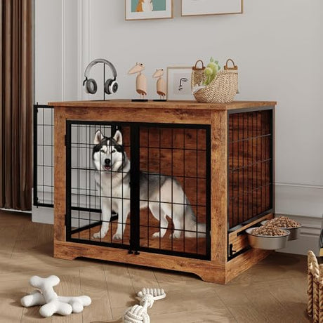 Dog Crate Furniture, 38" Double Doors Indoor Decor Pet House Cage, Wooden Dog Kennel with 360°& Adjustable Raised Dog Bowls,Indoor Pet End Tables with Storage Platform for Large/Medium Dog Garvee