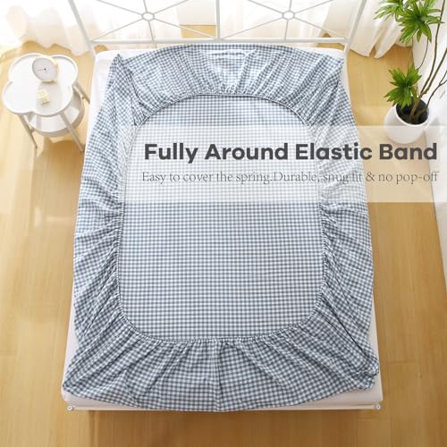 K MASANIJI Dust Blue White Plaid Ruffle Sheets Twin Size 4-Piece Set, 300TC 100% Yarn Dyed Cotton Sheets18 in Deep Pocket Preppy Gingham Sheets Decorative Bedding (Dust Blue/White Plaid, Twin) K MASANIJI