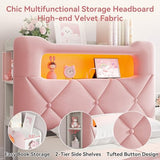 Twin Upholstered LED Bed Frame with 2 Storage Drawers and 2-Tier Storage Bookcase Headboard, Velvet Princess Platform Bed for Kids/Girls/Boys, Heavy Duty Metal Support, No Box Spring Needed, Pink Jocoevol