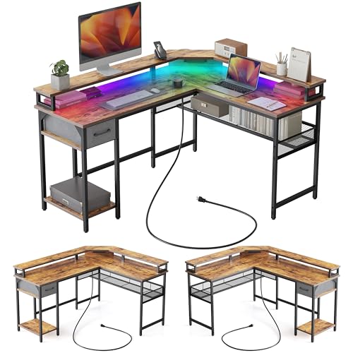 CubiCubi 58" L Shaped Gaming Desk with LED Lights & Power Outlets - Rustic Brown Corner Computer Desk with Storage and Monitor Stand - WoodArtSupply