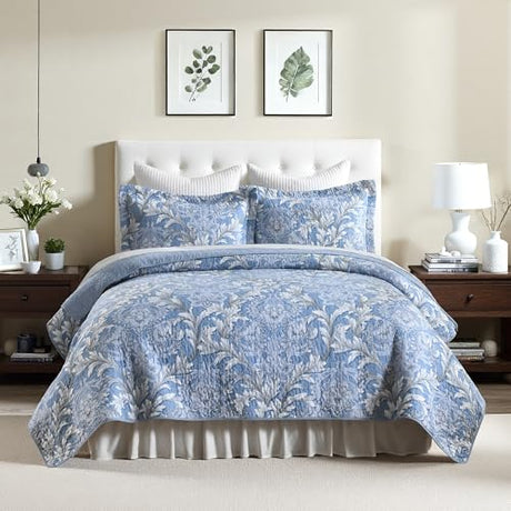 100% Cotton King Size Quilt Set 3-Piece - Damask Floral King Quilt with 2 Shams, Vintage Floral Quilted Bedspread, Prewashed Lightweight Quilt Bedding Set, Luxury King Coverlet Set, Light Blue White BCOTTOND