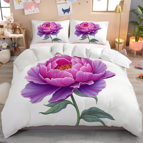 Minimalist Illustrations Duvet Cover Set, Single PeonFlower Printed Bedding with 1 Pillowcases, Twin Microfiber Bed Set for Kids Adults Bedroom Decor, Pinkish-Purple Generic