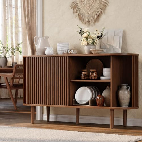 ONBRILL 55" Buffet Sideboard Cabinet with Sliding Doors, Mid-Century Modern Sideboard Buffet Cabinet with Storage & Adjustable Shelves, Accent Coffee Bar Console Table for Kitchen, Entryway, Walnut ONBRILL