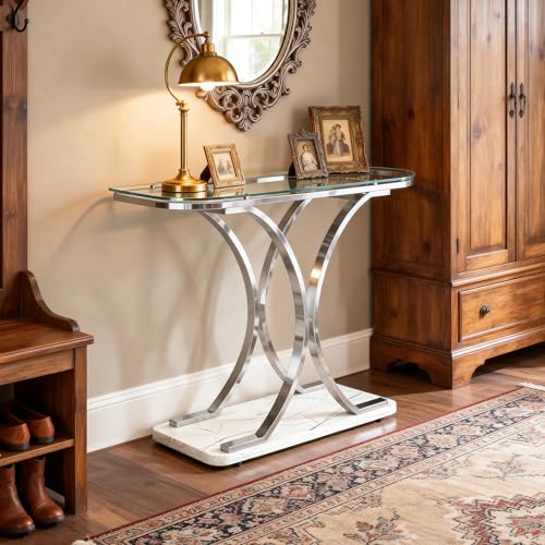 O&K FURNITURE Silver Glass Console Tables for Entryway,Glass Entryway Table with Curved Frames and Marble Base, Modern Entrance Table Sofa Table for Living Room,Hallway,Silver Glass&White Marble O&K FURNITURE
