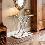 O&K FURNITURE Silver Glass Console Tables for Entryway,Glass Entryway Table with Curved Frames and Marble Base, Modern Entrance Table Sofa Table for Living Room,Hallway,Silver Glass&White Marble O&K FURNITURE