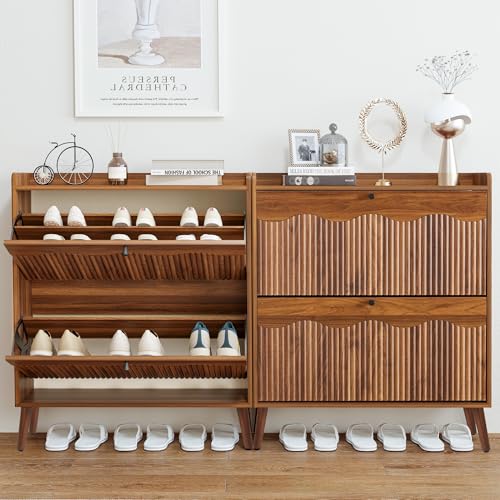 Bifins Shoe Storage Cabinet with 2 Flip Doors, 31.5" Narrow Fluted Design for Space Saving, Freestanding Entryway Shoe Organizer for Hallway & Living Room (Walnut) Bifins