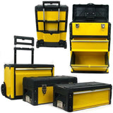 Portable Tool Box on Wheels - Stackable 3-in-1 Chest for Workshops and Craft Rooms - Foldable Comfort Handle and Latches by Stalwart (Black/Yellow) Stalwart