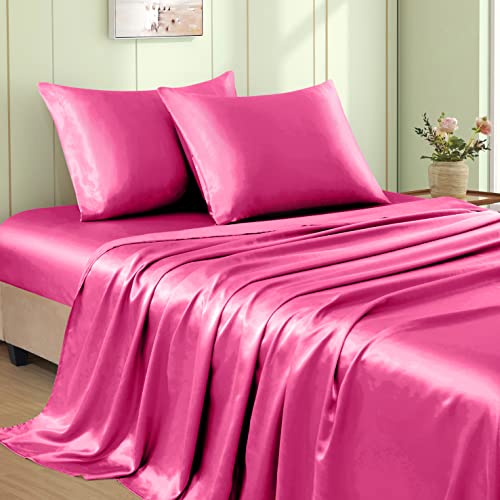 VACVELT 4pcs Hot Pink Satin Sheets Queen Size Bed Set, 15 Inch Deep Pocket Silky Satin Sheet Set, Soft Satin Bedding Set Cooling & Luxury Bed Sheets, 1 Fitted Sheet + 1 Flat Sheet + 2 Pillowcases VACVELT