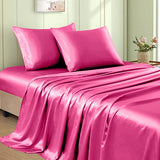 VACVELT 3pcs Hot Pink Satin Sheets Twin Size Bed Set, 15 Inch Deep Pocket Silky Satin Sheet Set, Soft Satin Bedding Set Cooling & Luxury Bed Sheets, 1 Fitted Sheet + 1 Flat Sheet + 1 Pillowcase VACVELT