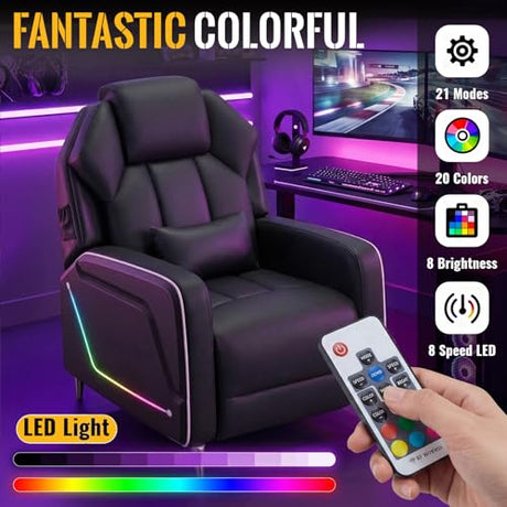 TPHORK Gaming Recliner Chair with Footrest, Push-Back Reclining Gaming Chair with LED Lights, Lumbar Pillow & Side Pockets, Ergonomic Gaming Sofa for Game Room, Home Theater, Man Cave (Black) TPHORK