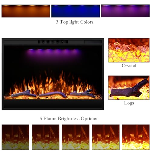 Dreamflame Electric Fireplace Inserts 36inches Wide, Recessed in Wall Fireplace Heater w/Remote Control, 3 Colors Led Top Light& Realistic Flame w/ 5 Brightness, Thermostat, 750W/1500W, Black Dreamflame