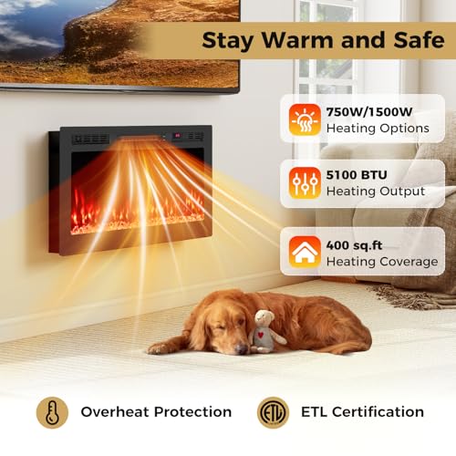 COSTWAY Smart WiFi Electric Fireplace 36-inch Wide, Work with Alexa & Google Assistant, 750W/1500W Wall Mounted & Recessed Heater with Remote/APP Control, 12 Flame & Ember Bed Colors, 12H Timer, Black COSTWAY