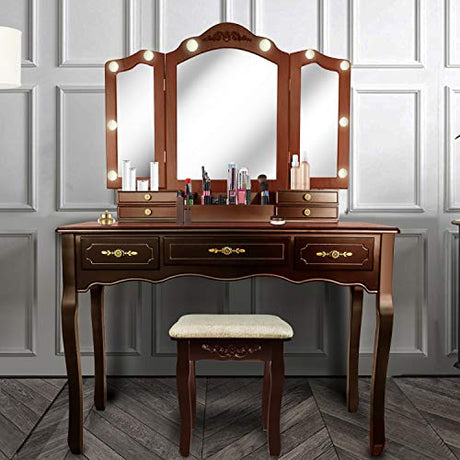 ENSTVER Vintage Vanity Desk with Mirror and Lights, Tri-Folding Mirrors, 6 Organization 7 Drawers Makeup Dress Vanity Table with Cushioned Stool-Espresso ENSTVER