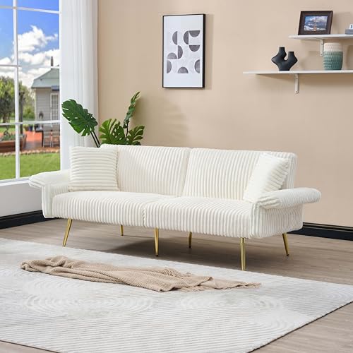 Japovker 79'' White Futon Sofa Bed, Corduroy Upholstered Folding Loveseat Couch with Adjustable Backrest and Armrests,Sleeper Sofa with Gold Metal Legs for Small Space Living Room (White) Japovker