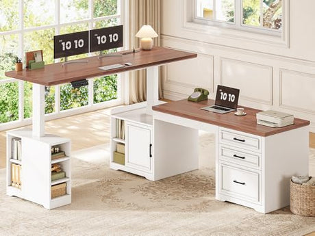 SEDETA Farmhouse L Shaped Electric Standing Desk, 63" x 67" Height Adjustable Home Office Executive Desk with Drawers and Shelves, Standing Computer Desks with Power Outlet for Home Office, White SEDETA