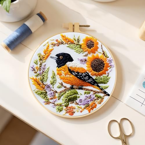 FRANDEK DIY Bird Embroidery Kit for Beginner, Stamped Handicraft Needlework Set, Full Thread Palette with Needles & Fabric for Adults, Artisan Handmade Home Decor Gift