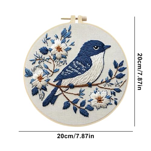 jinglinhh Embroidery Starter Kit Tit Bird Flowers for Adult Beginners, DIY Stamped Cross Stitch Kit Kit with Hoops, Threads & Embroidery Cloth, Needlework Craft Gift for Women