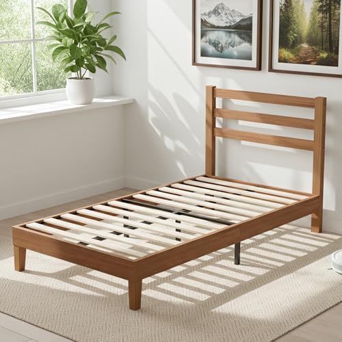 Sweetcrispy Solid Wood Bed Frame - Twin Size Mattress Foundation with Headboard, No Box Spring Needed with 1100LBS Sturdy Wooden Slats Support, Noise Free, Easy Assembly Sweetcrispy