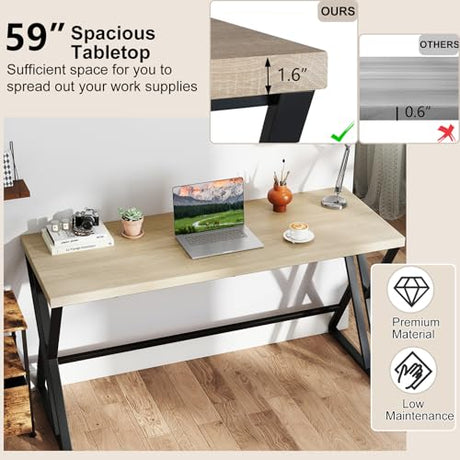 Tangkula 59" Computer Desk, Home Office Desk with Heavy-Duty Metal Frame & Crossbar, Executive PC Workstation, 5 FT Conference Room Table, Rectangular Meeting Table (Grey,1) Tangkula