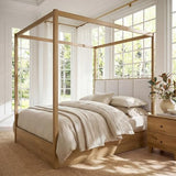 WAMPAT Wood Canopy Bed Frame Queen Size, Solid Wood Poster Bed with 12 Slats and Support Legs, 800 lbs Capacity, No Box Spring Needed, Modern Oak Wooden Bed with Upholstered Headboard for Bedroom