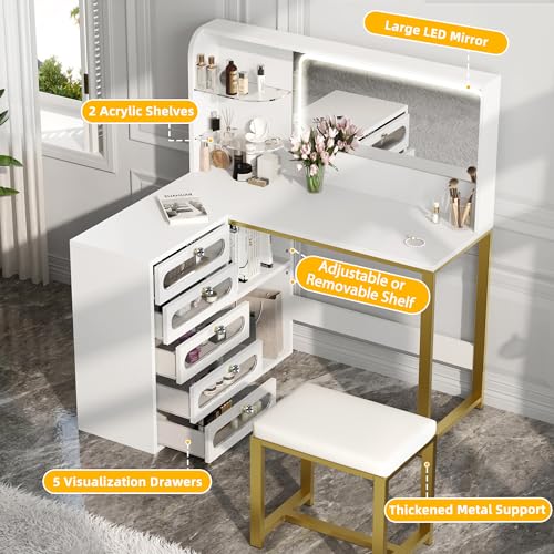 DWVO Corner Makeup Vanity Desk with Lights and Mirror, 48" L Shaped White Vanity Set with Stool, 5 Acrylic Visualized Drawer, Adjustable 3 Lighting Mode, Bedroom Large Dressing Table for Wome - WoodArtSupply