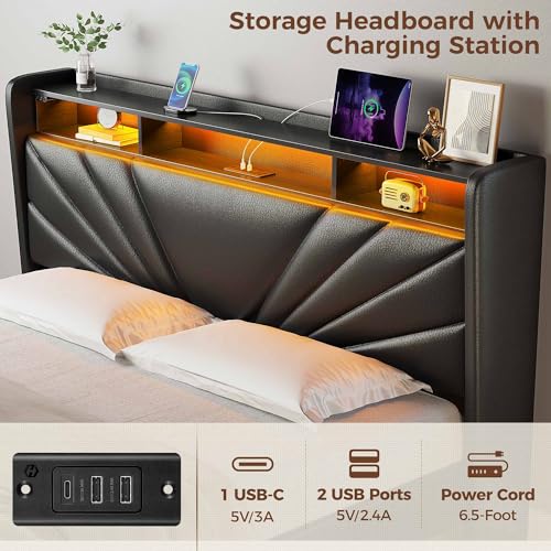 Rolanstar Full Size Bed Frame, Storage Headboard with Charging Station and LED Lights, Upholstered Bed with Heavy Duty Wood Slats, No Box Spring Needed, Noise Free, Easy Assembly, Black Rolanstar