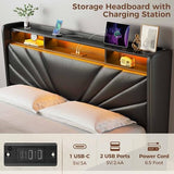Rolanstar Full Size Bed Frame, Storage Headboard with Charging Station and LED Lights, Upholstered Bed with Heavy Duty Wood Slats, No Box Spring Needed, Noise Free, Easy Assembly, Black Rolanstar