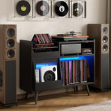 Upgraded Large Black Record Player Stand -Turntable Stand Shelf with with Power Outlet and LED Light,Vinyl Record Storage Cabinet Up to 350 Albums,Wood Record Player Holder Table for Living Room Loomie