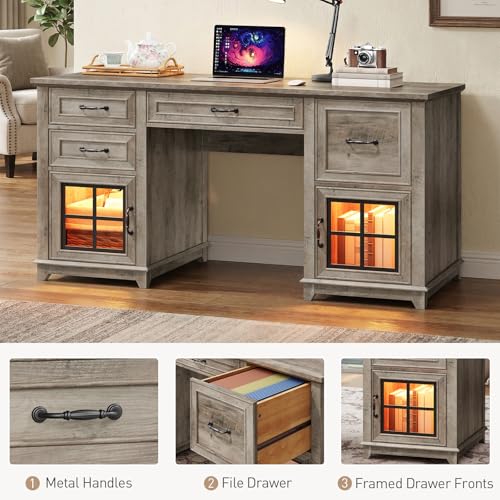 RALGEND 58" Farmhouse Executive Desk with Drawers, LED Light, Computer Desk with Drawers and File Cabinet, Wooden Home Office Desk with Charging Station, Workspace for Writing, Greige RALGEND