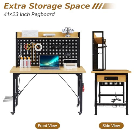 48" Adjustable Height Workbench with Pegboard, Work Benches for Garage, Heavy Duty Wood Top Work Bench with Wheels, 2000 LBS Load Capacity, Rolling Work Table with AC/USB Outlet Storage Shelf Hooks Zevemomo