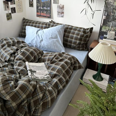 MKXI King Size Blue, Brown & Green Buffalo Plaid Duvet Cover Set - 3 Piece Vintage Aesthetic Bedding Set, 100% Washed Cotton, Minimalist Design, Soft & Breathable Duvet Cover with Zipper Closure MKXI