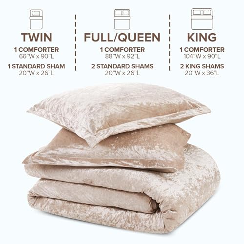 Comfort Spaces Luxe Queen Comforter Set Velvet Comforters for Queen Size Bed, Microfiber Reverse, Juliette, All Season Velvet Bedding Queen Size, Fluffy Bed Set, Sham, Full/Queen, Champagne 3 Piece Comfort Spaces