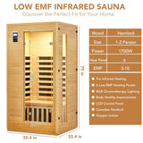 1 To 2 Person Infrared Sauna for Home, Low EMF Far Infrared Therapy with 6 Heating Plates, Canadian Hemlock Wood Dry Sauna Room with Chromotherapy Light, Bluetooth Speaker & Dual Controls, Home SPA PeacefulHues