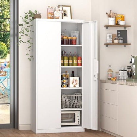GREATMEET Garage Storage Cabinets, Metal Storage Cabinet with 2 Doors and Shelves, 71" H Metal Pantry, Lockable Storage Cabinets, Tool Storage Utility Cabinet for Office, White GREATMEET