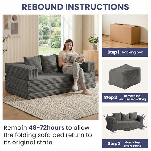 Winzoo Convertible Sofa Bed Couch, 78’’ Oversized 4-in-1 Boneless Couches with Removable Armrests Backrest, Corduroy Futon Sofa Bed, Foldable Mattress Sleeper Sofa for Living Room Bedroom (Grey) Winzoo