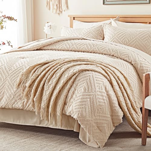 Zzlpp King Size Comforter Set 7 Pieces, Beige Tufted Bed in a Bag with Comforter and Sheets, All Season Boho Bedding Sets with 1 Comforter, 2 Pillow Shams, 2 Pillowcases, 1 Flat Sheet, 1 Fitted Sheet Zzlpp