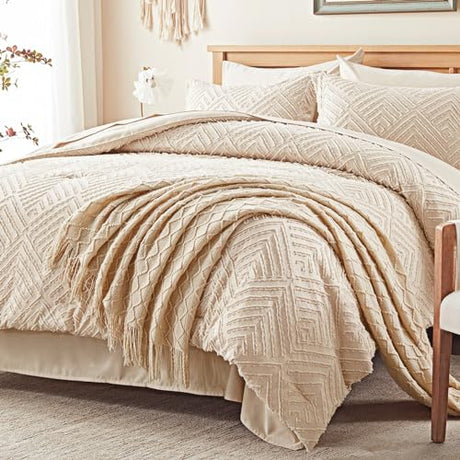 Zzlpp Twin Comforter Set 5 Pieces, Beige Tufted Bed in a Bag with Comforter, Pillow Sham, Pillowcase, Flat Sheet, Fitted Sheet - All Season Boho Bedding Sets Zzlpp