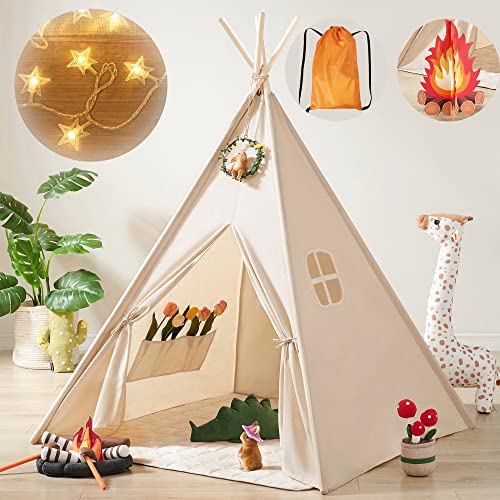 Tiny Land Kids-Teepee-Tent with Lights & Campfire Toy & Carry Case, Natural Cotton Canvas Toddler Tent - Washable Foldable Teepee Tent for Kids Tiny Land