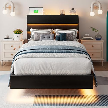 Einhomn Floating Bed Frame Twin Size with Led Headboard and Charging Station, Metal Platform Bed Base with Storage, Remote Control, Heavy Slats Support, No Box Spring Needed, Noise Free, Black Einhomn